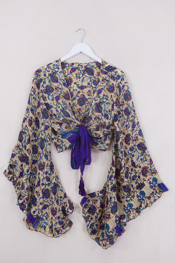Venus Wrap Top - Precious Amethyst & Sapphire Paisley Bloom - Vintage Sari - L/XL by all about audrey