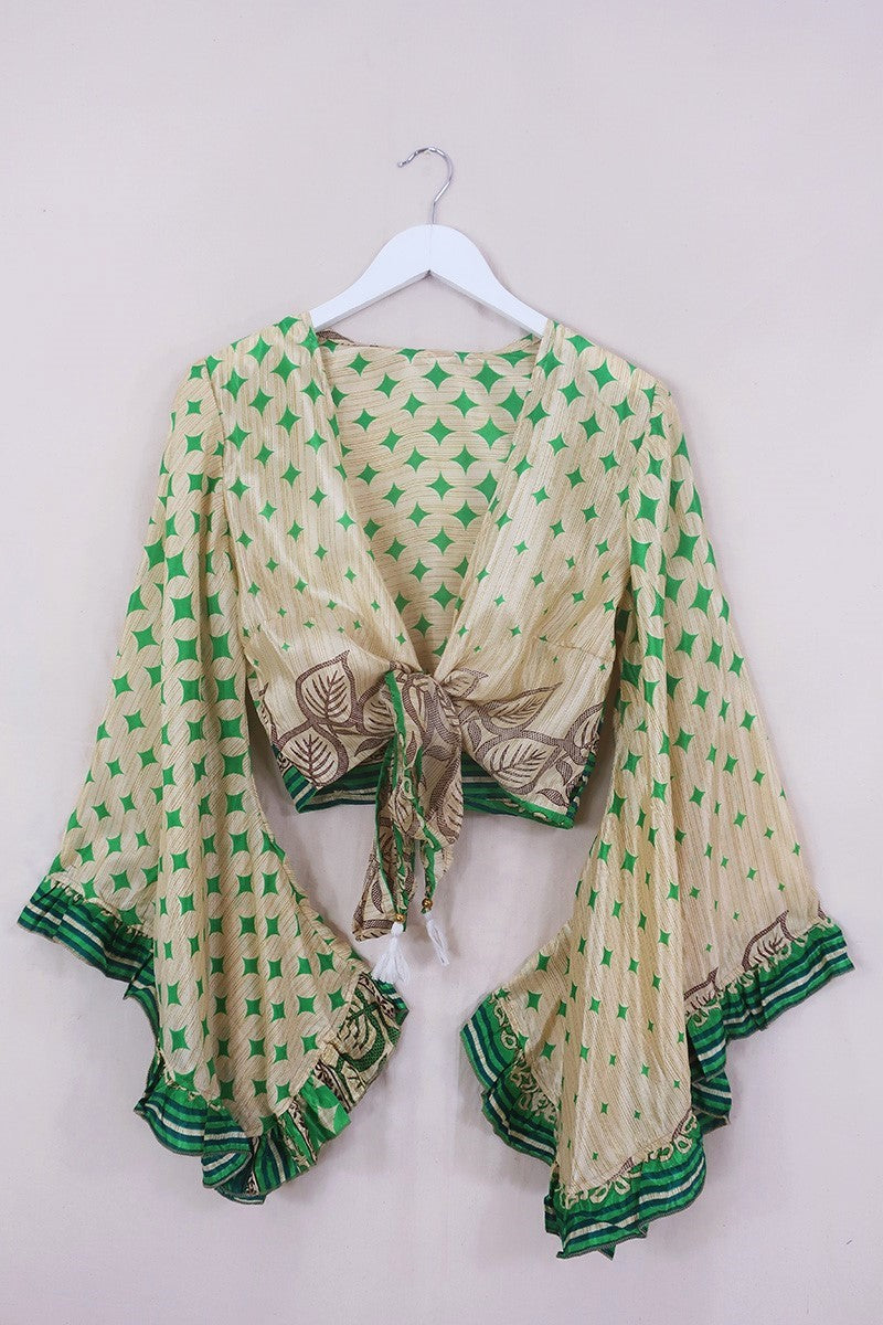 Venus Wrap Top - Green & Gold Harlequin - Vintage Sari - Size S/M by All About Audrey