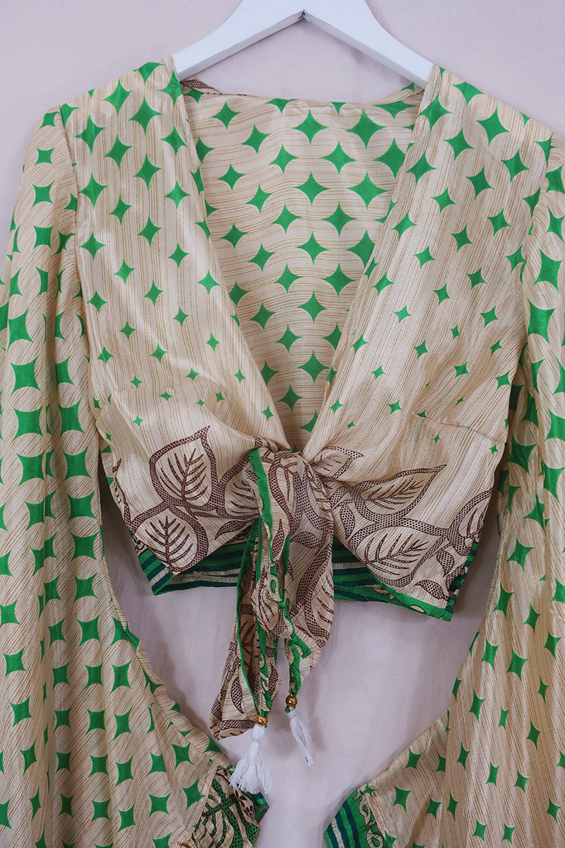 Venus Wrap Top - Green & Gold Harlequin - Vintage Sari - Size S/M by All About Audrey