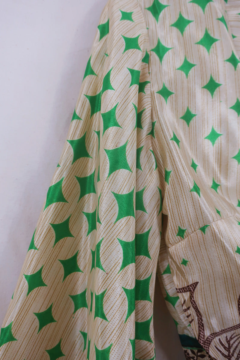 Venus Wrap Top - Green & Gold Harlequin - Vintage Sari - Size S/M by All About Audrey