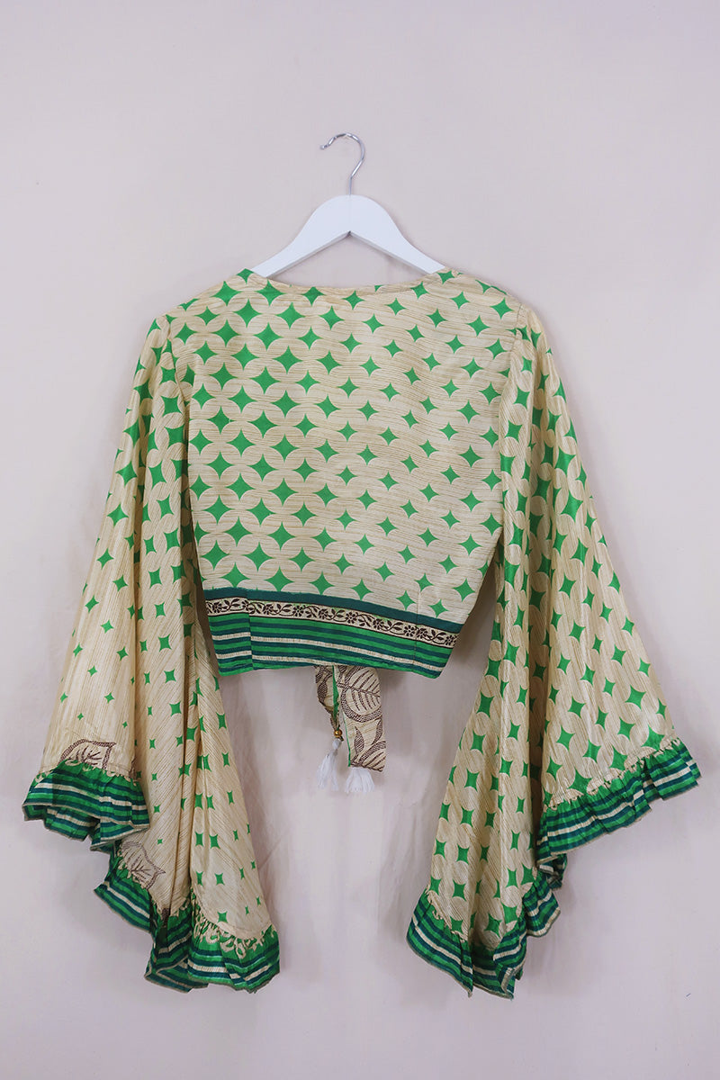 Venus Wrap Top - Green & Gold Harlequin - Vintage Sari - Size S/M by All About Audrey