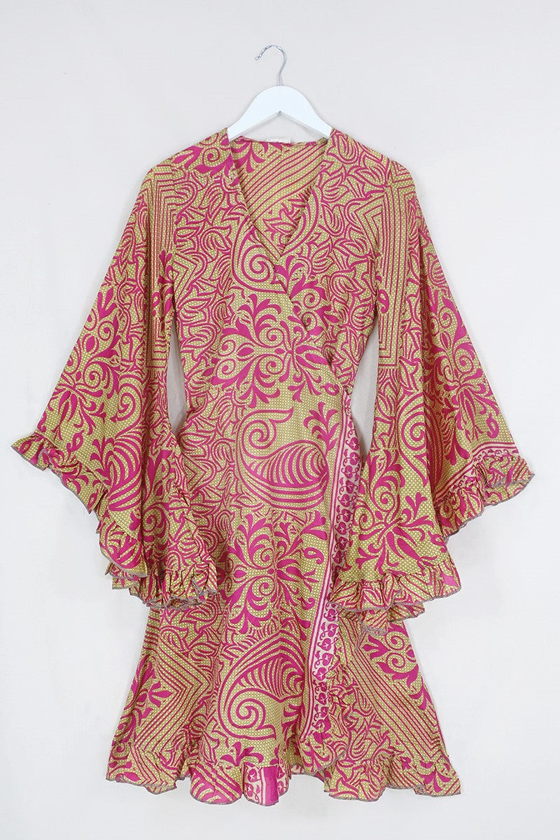Venus Midi Wrap Dress - Fiery Pink Paisley Stamps - Size S/M by all about audrey