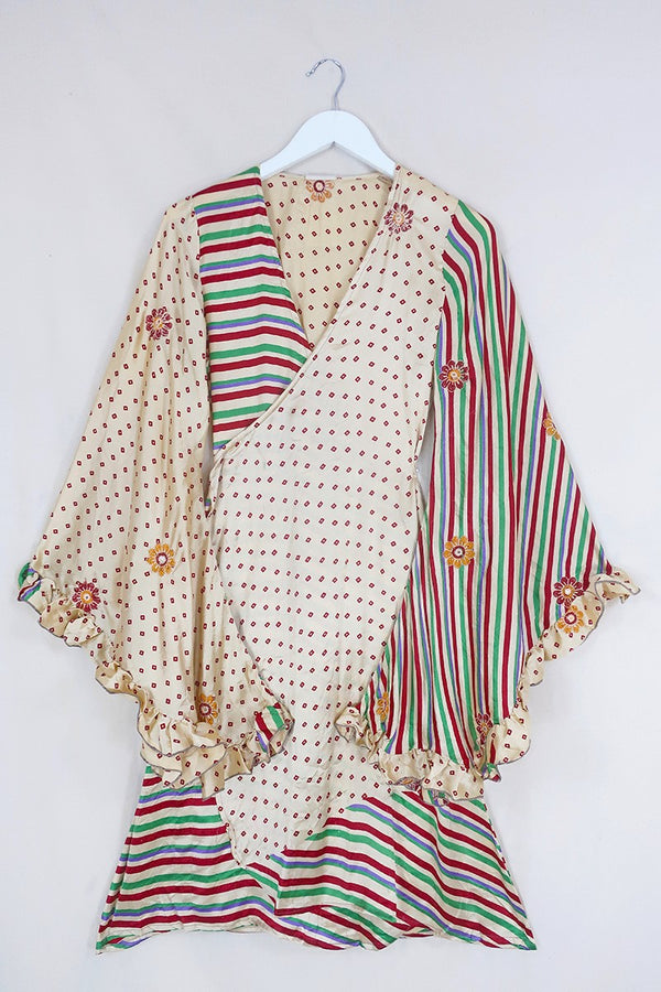 SALE | Venus Midi Wrap Dress - Embellished Flowers & Stripes - Size XS