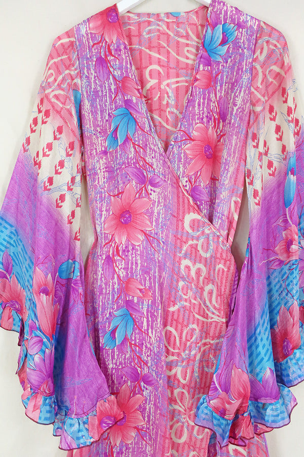 Venus Maxi Wrap Dress - Fuchsia & Baby Blue Floral Abstract - Size XS by All About Audrey
