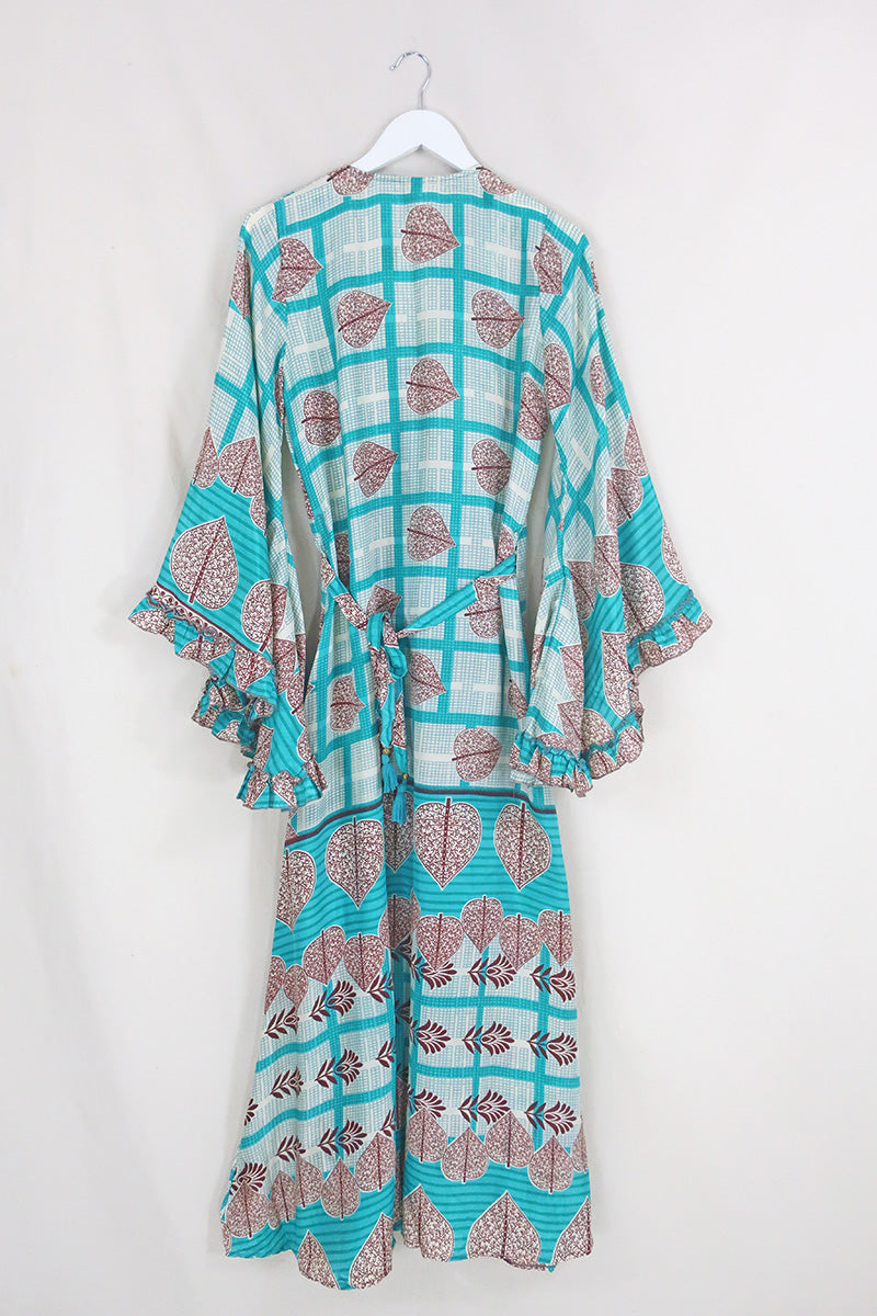 Venus Maxi Wrap Dress - Mulberry Leaf Teal Trellis - Size M by All About Audrey