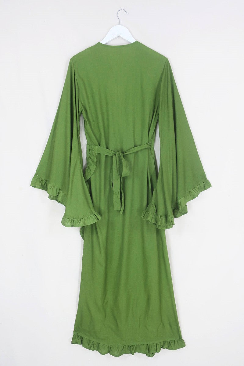 Back Flat lay of our Khroma Venus Robe Dress in Pixie Green shown wrapped around and tied at the back. By All About Audrey