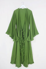 Flat lay of our Khroma Venus Robe Dress in Pixie Green shown tied at the front in a robe style by All About Audrey