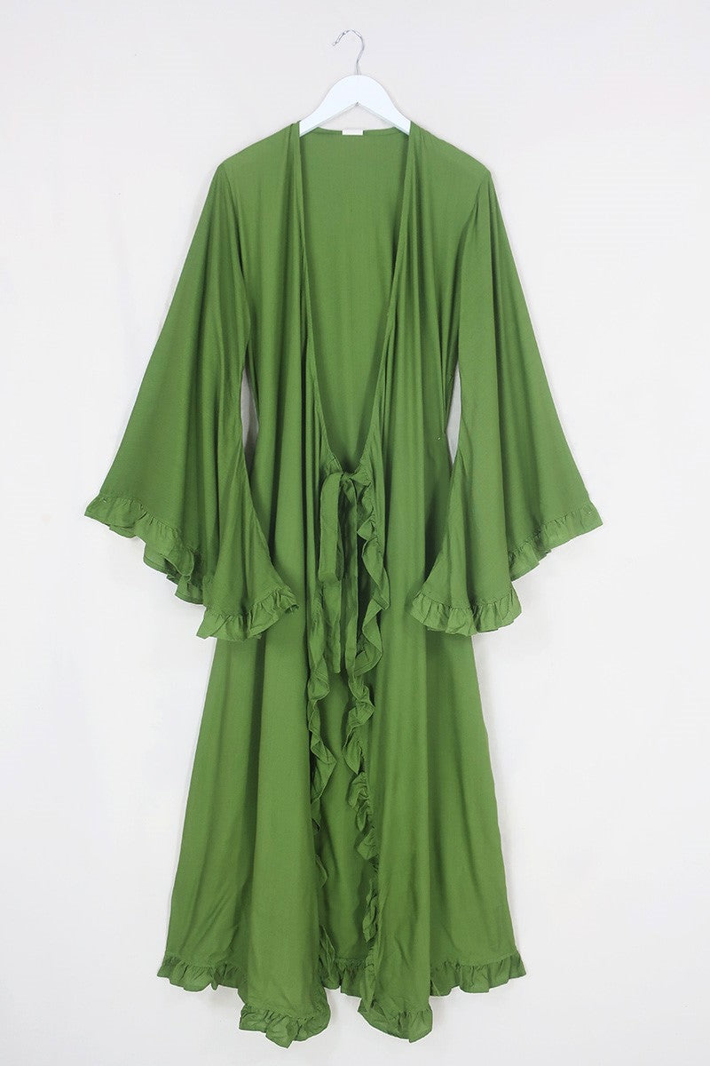 Flat lay of our Khroma Venus Robe Dress in Pixie Green shown tied at the front in a robe style by All About Audrey