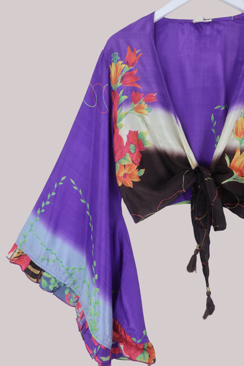 Venus Recycled Sari Wrap Top in 90s Bursting Tulips - Size L