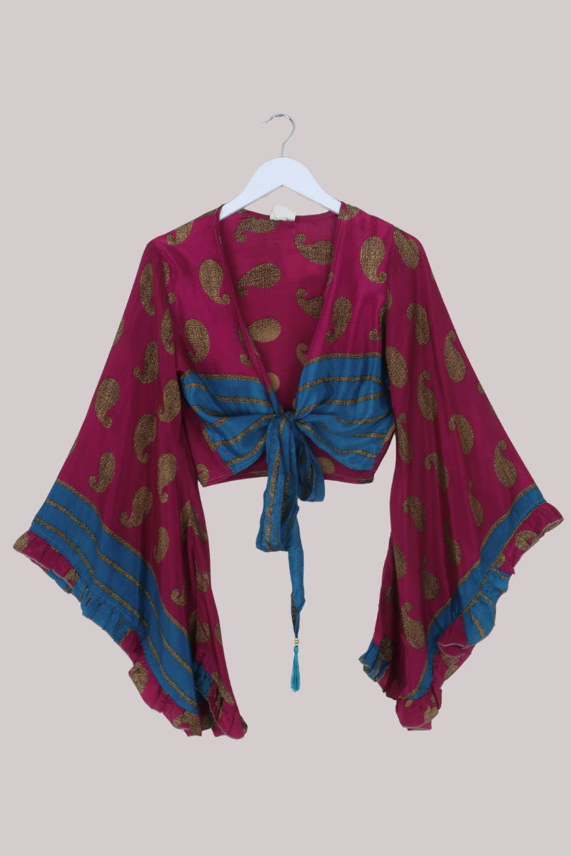 Venus Recycled Sari Wrap Top in Amaranth & Gold - Size M