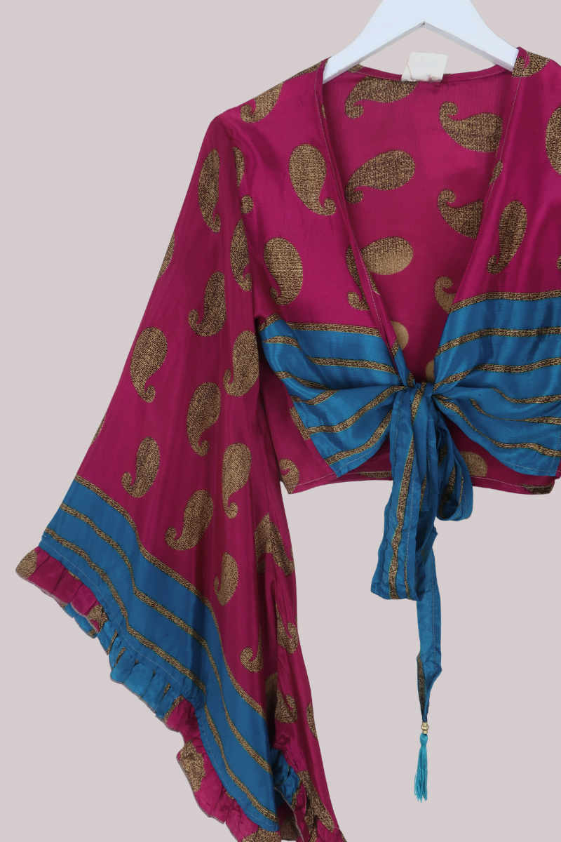 Venus Recycled Sari Wrap Top in Amaranth & Gold - Size M
