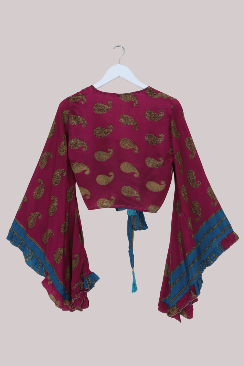 Venus Recycled Sari Wrap Top in Amaranth & Gold - Size M