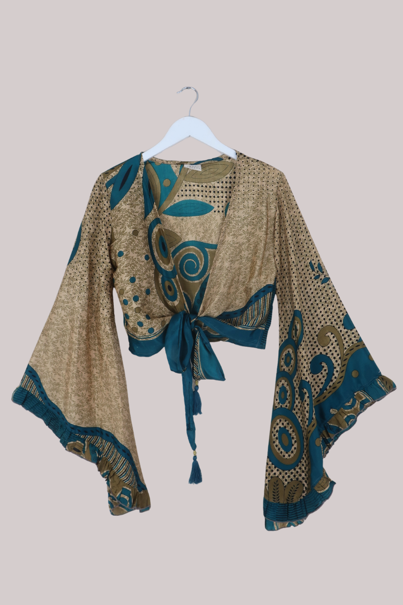 Venus Recycled Sari Wrap Top in Antique Gold & Teal - Size S