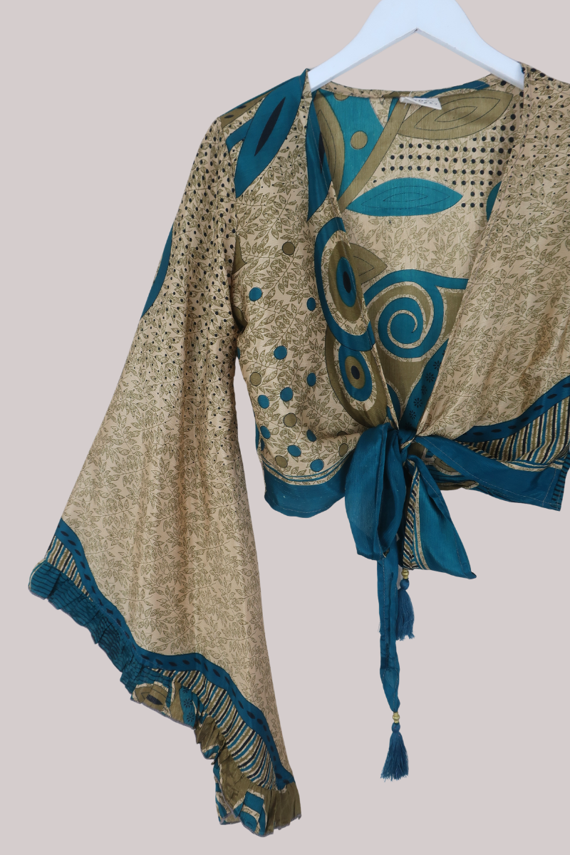Venus Recycled Sari Wrap Top in Antique Gold & Teal - Size S