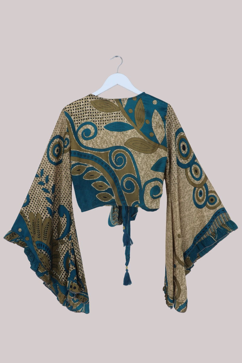 Venus Recycled Sari Wrap Top in Antique Gold & Teal - Size S