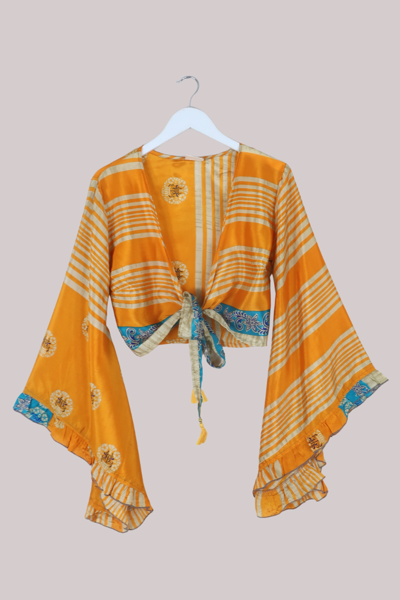 Venus Recycled Sari Wrap Top in Apricot Orange Stripes - Size S