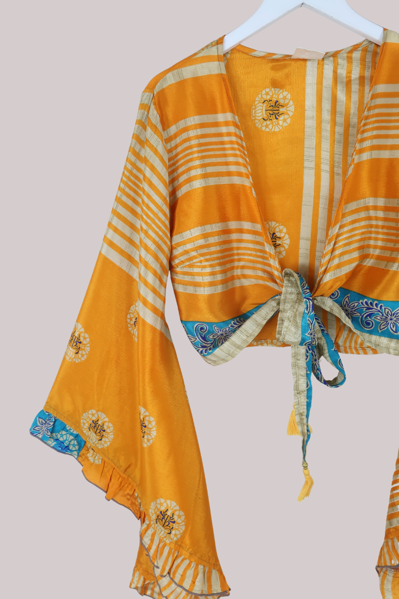 Venus Recycled Sari Wrap Top in Apricot Orange Stripes - Size S