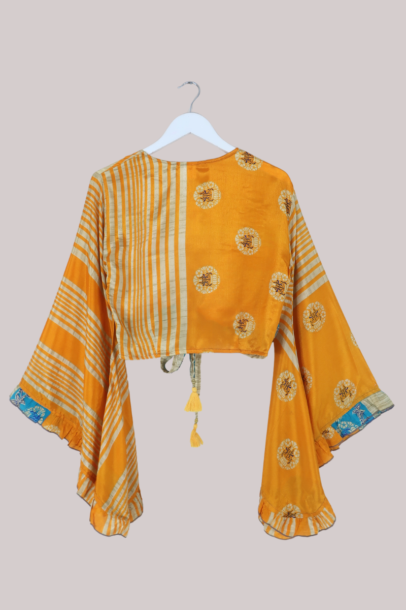 Venus Recycled Sari Wrap Top in Apricot Orange Stripes - Size S