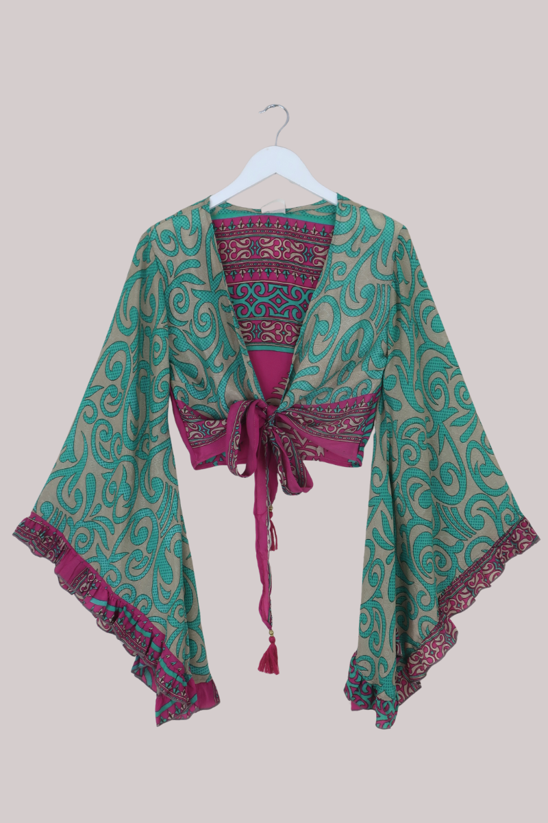 Venus Recycled Sari Wrap Top in Aqua & Fuchsia Ornate Tiles - Size XS