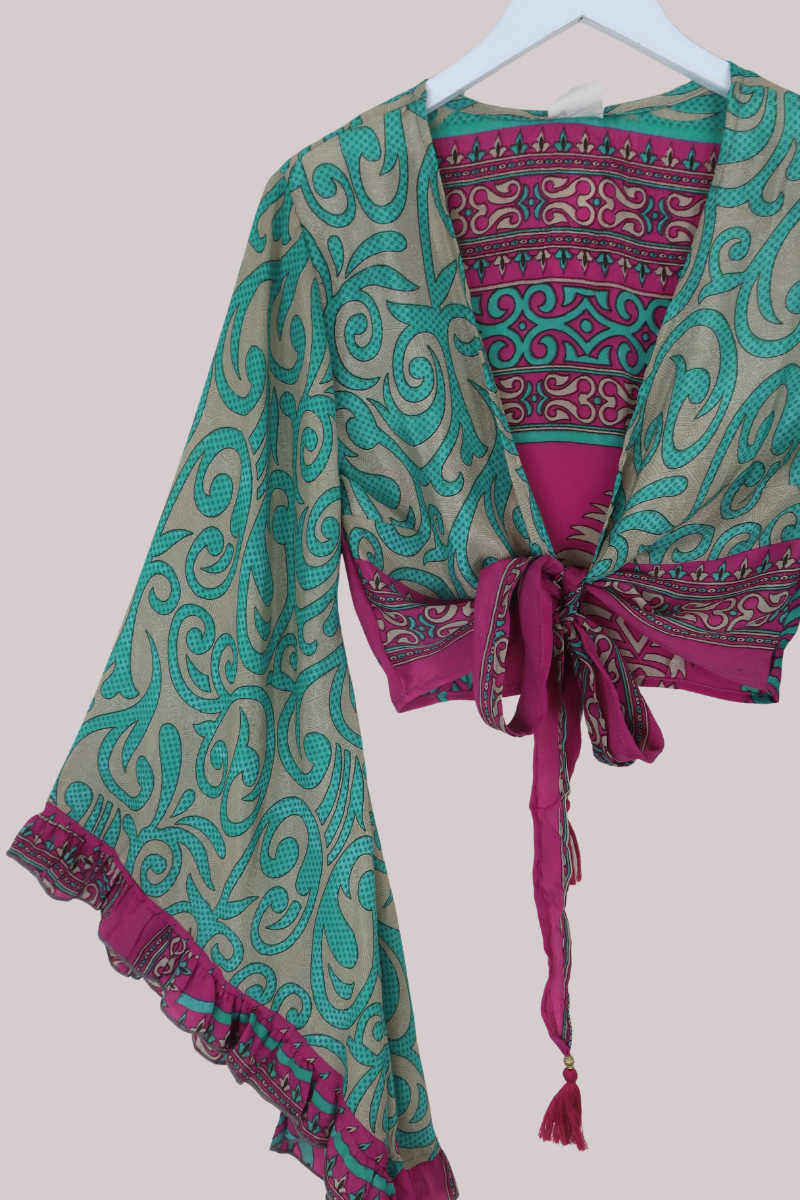 Venus Recycled Sari Wrap Top in Aqua & Fuchsia Ornate Tiles - Size XS