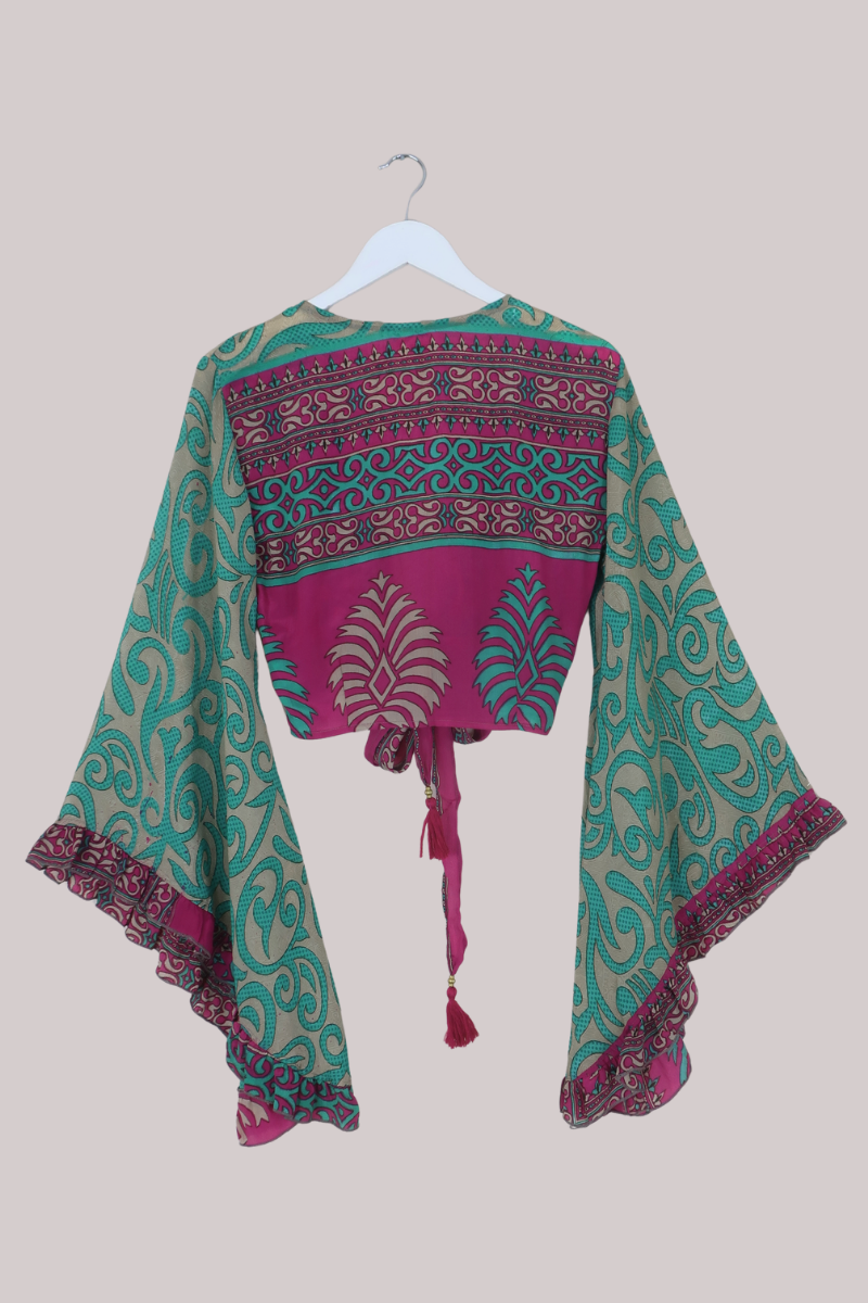 Venus Recycled Sari Wrap Top in Aqua & Fuchsia Ornate Tiles - Size XS