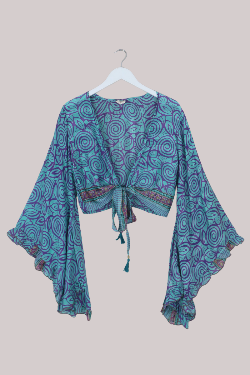 Venus Recycled Sari Wrap Top in Aquamarine Whirlpools - Size XS
