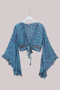 Venus Recycled Sari Wrap Top in Aquamarine Whirlpools - Size XS