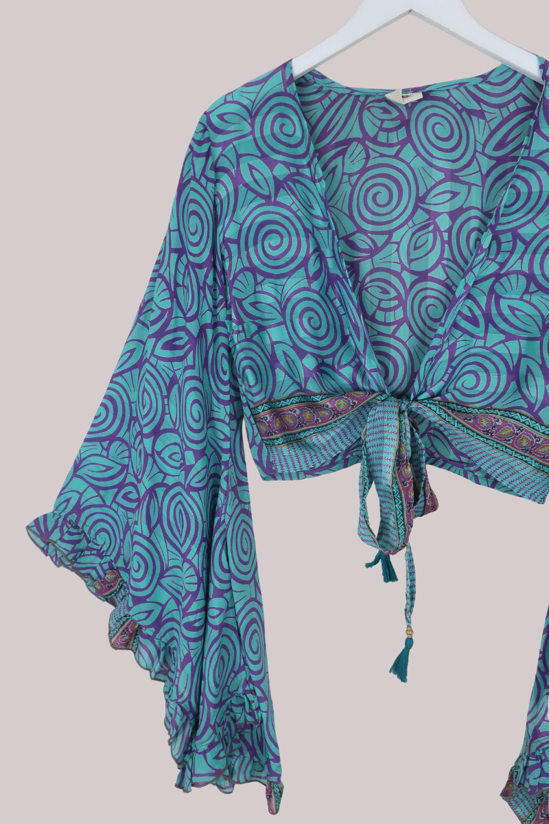 Venus Recycled Sari Wrap Top in Aquamarine Whirlpools - Size XS