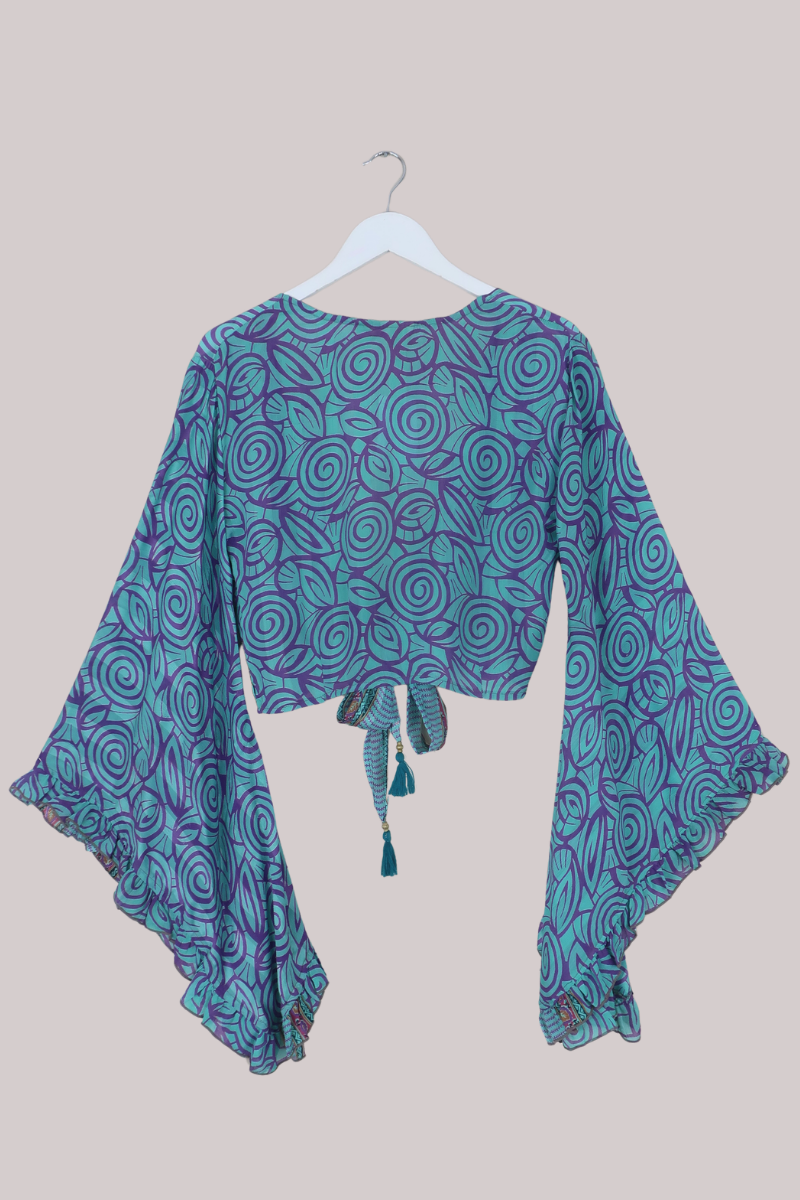 Venus Recycled Sari Wrap Top in Aquamarine Whirlpools - Size XS