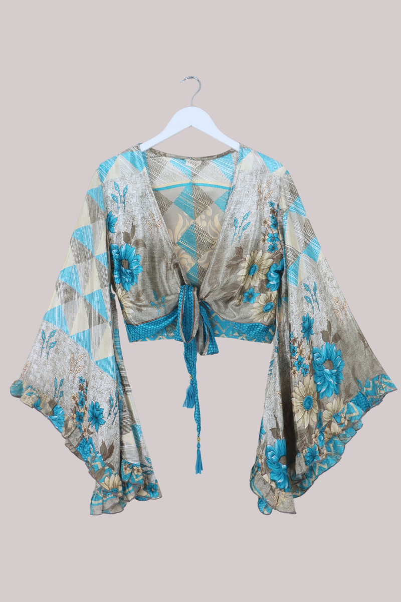 Venus Recycled Sari Wrap Top in Beachy Blue Diamond Florals - Size S