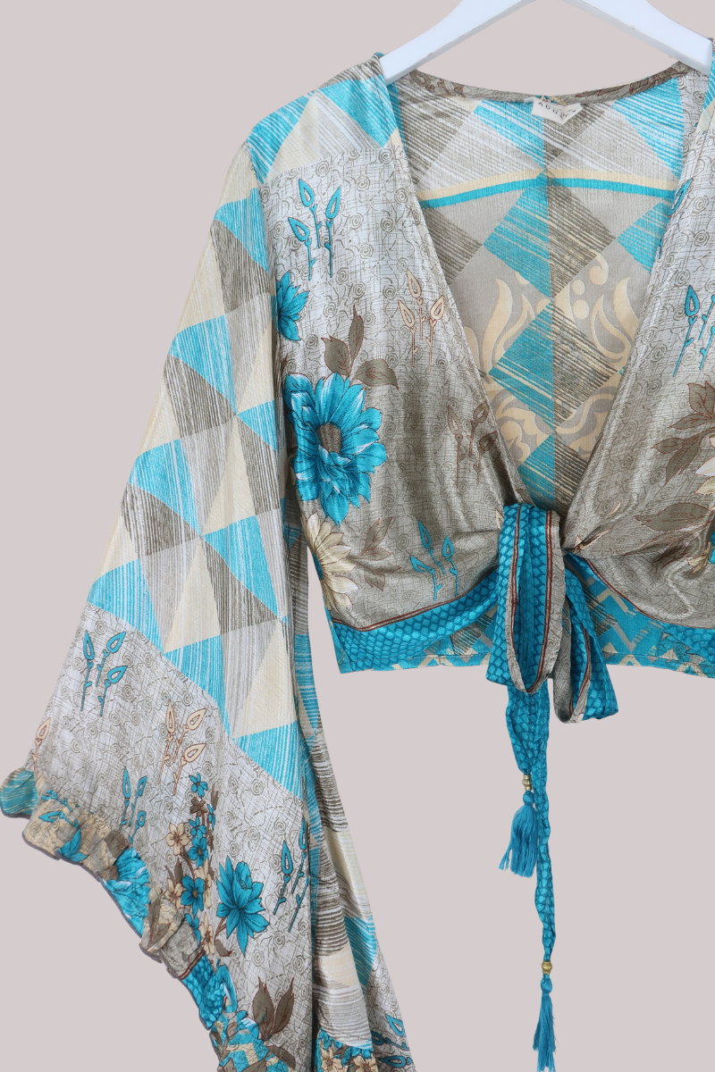 Venus Recycled Sari Wrap Top in Beachy Blue Diamond Florals - Size S