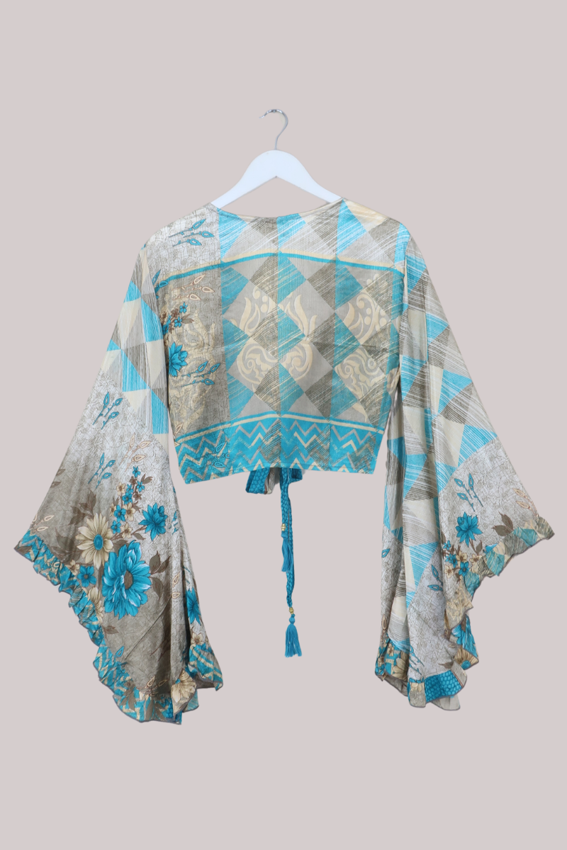 Venus Recycled Sari Wrap Top in Beachy Blue Diamond Florals - Size S