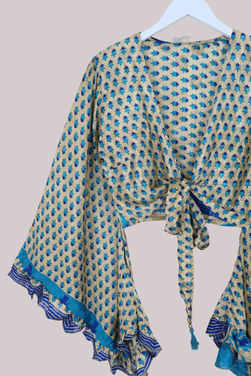 Venus Recycled Sari Wrap Top in Blueberry Petals - Size XS
