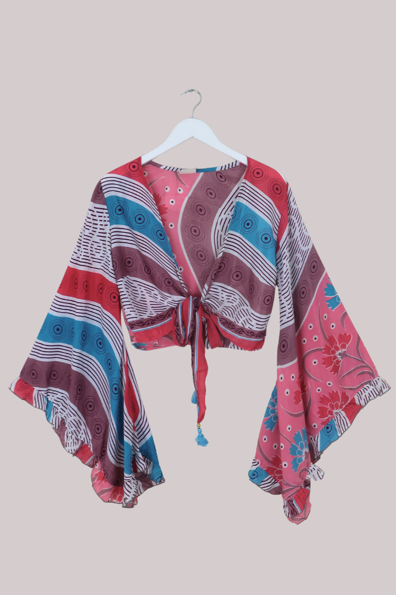Venus Recycled Sari Wrap Top in Blush Pink Droplets - Size S