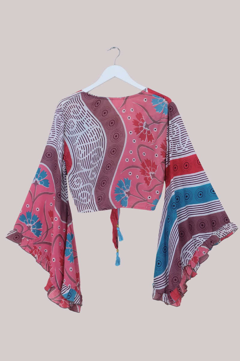 Venus Recycled Sari Wrap Top in Blush Pink Droplets - Size S