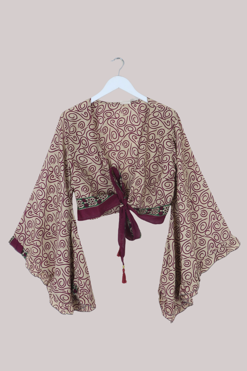 Venus Recycled Sari Wrap Top in Burgundy Swirls - Size S