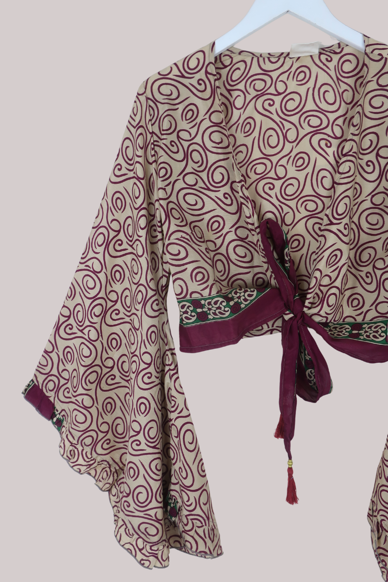 Venus Recycled Sari Wrap Top in Burgundy Swirls - Size S