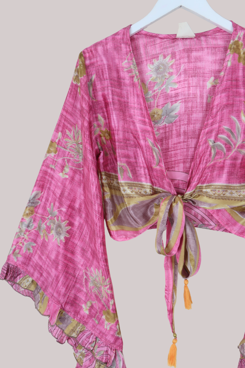 Venus Recycled Sari Wrap Top in Cherry Blossom Pink - Size S