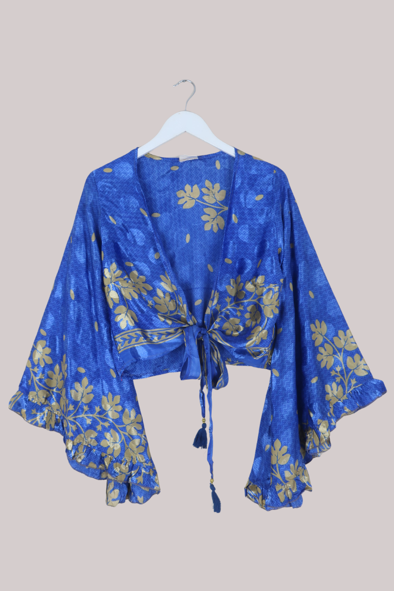 Venus Recycled Sari Wrap Top in Coastal Blue Falling Leaves - Size XS