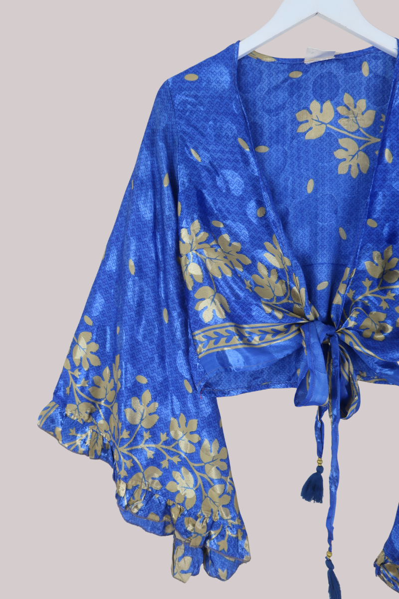 Venus Recycled Sari Wrap Top in Coastal Blue Falling Leaves - Size XS