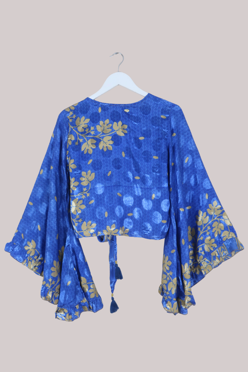 Venus Recycled Sari Wrap Top in Coastal Blue Falling Leaves - Size XS