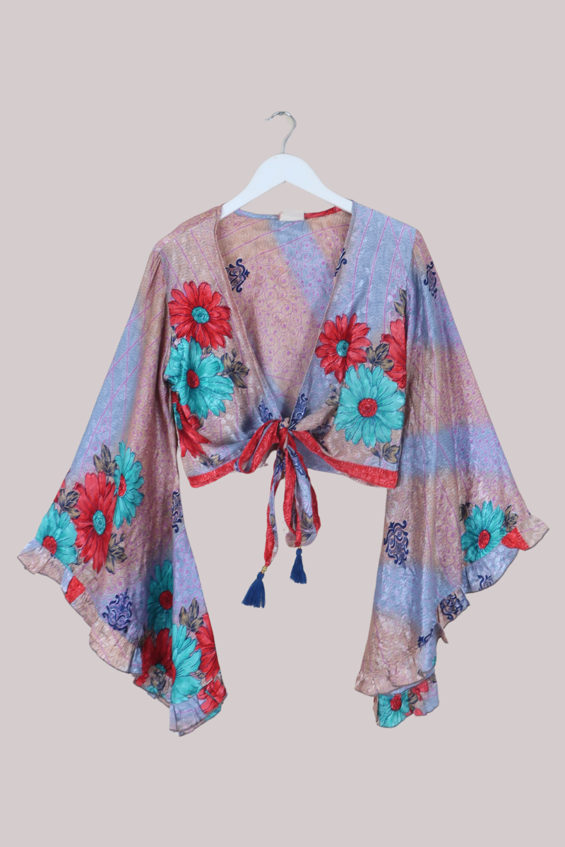 Venus Recycled Sari Wrap Top in Crystal Violet Florals - Size S