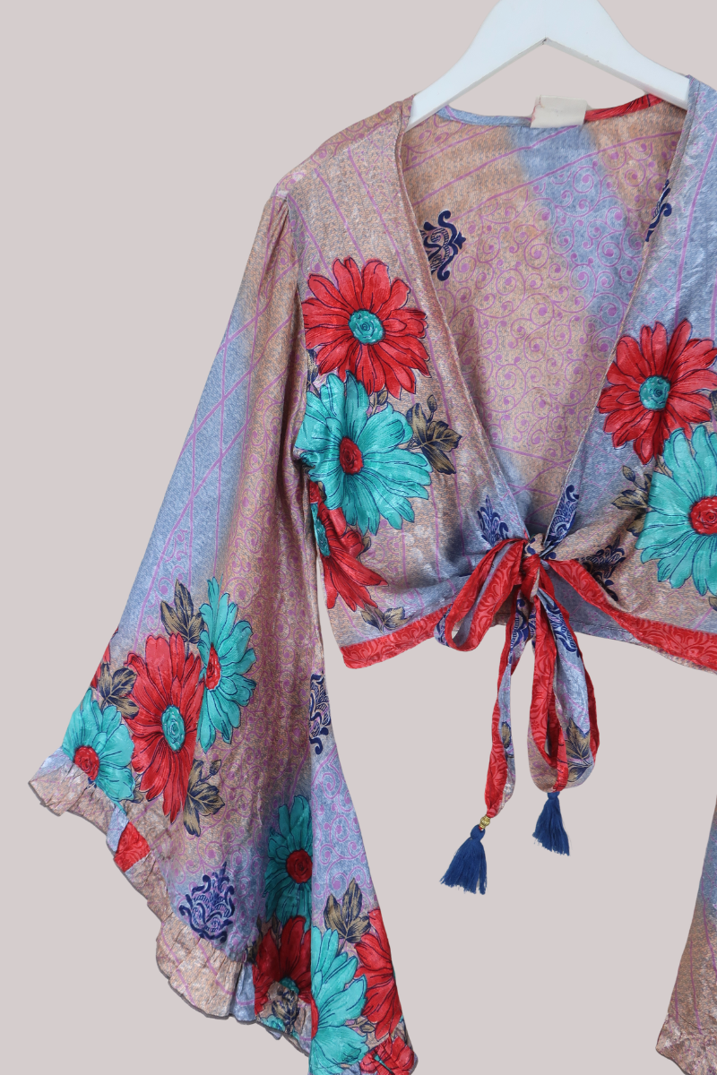 Venus Recycled Sari Wrap Top in Crystal Violet Florals - Size S