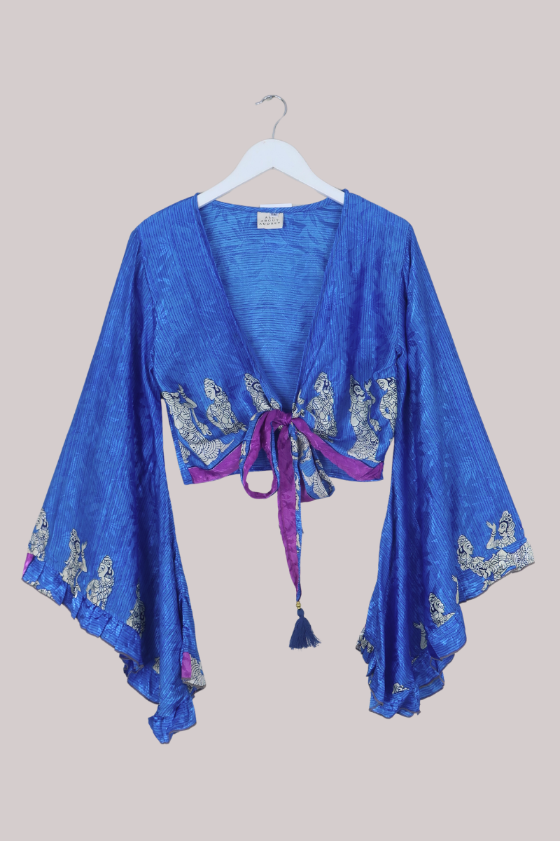 Venus Recycled Sari Wrap Top in Diamond Blue Ocean - Size S