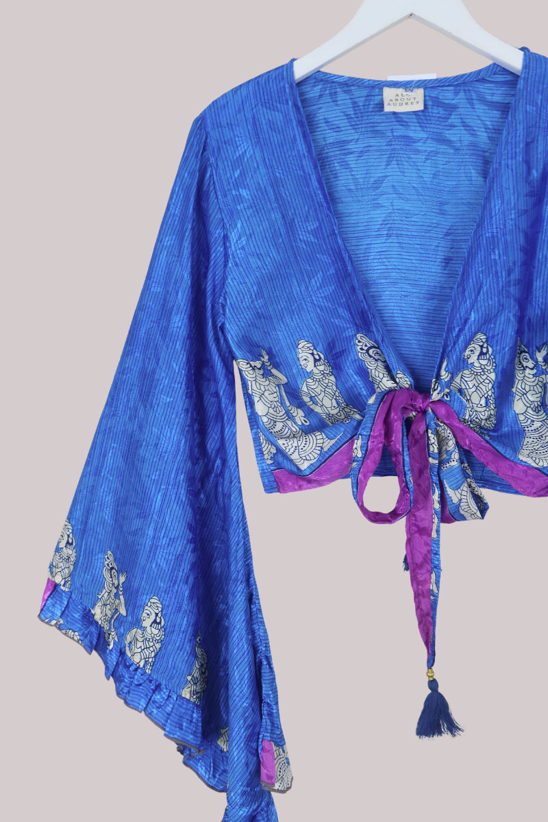 Venus Recycled Sari Wrap Top in Diamond Blue Ocean - Size S