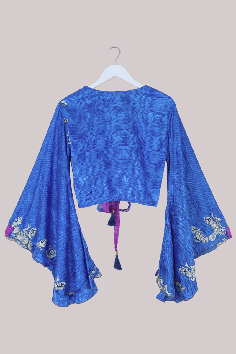 Venus Recycled Sari Wrap Top in Diamond Blue Ocean - Size S