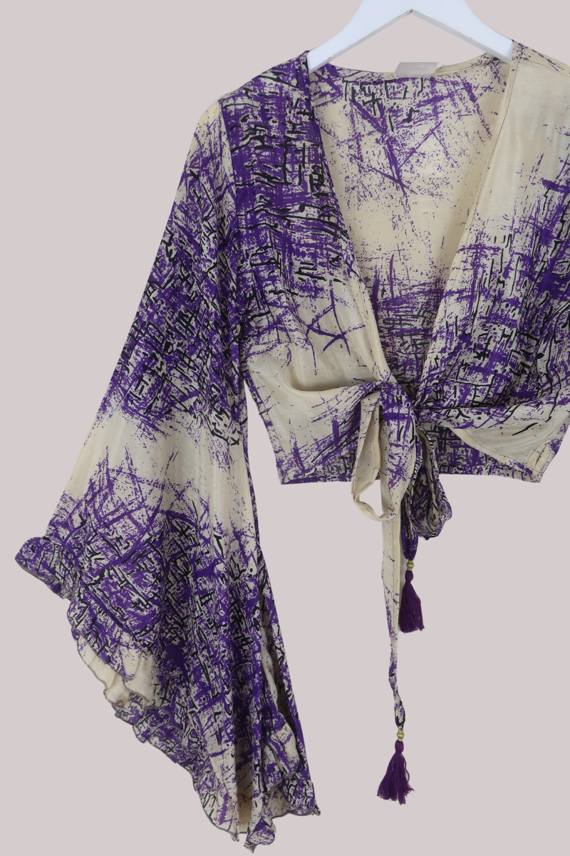 Venus Recycled Sari Wrap Top in Distressed Purple - Size S