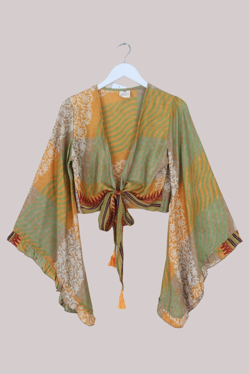 Venus Recycled Sari Wrap Top in Earthy Green Patchwork - Size S