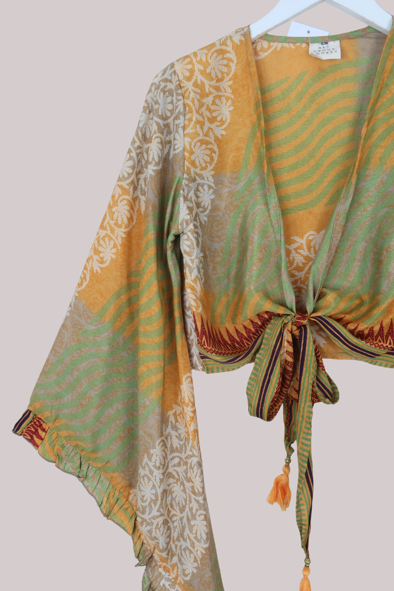 Venus Recycled Sari Wrap Top in Earthy Green Patchwork - Size S