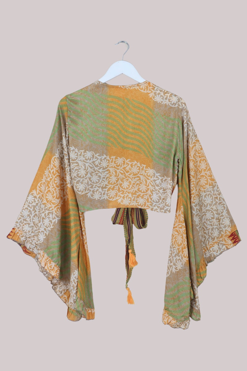 Venus Recycled Sari Wrap Top in Earthy Green Patchwork - Size S